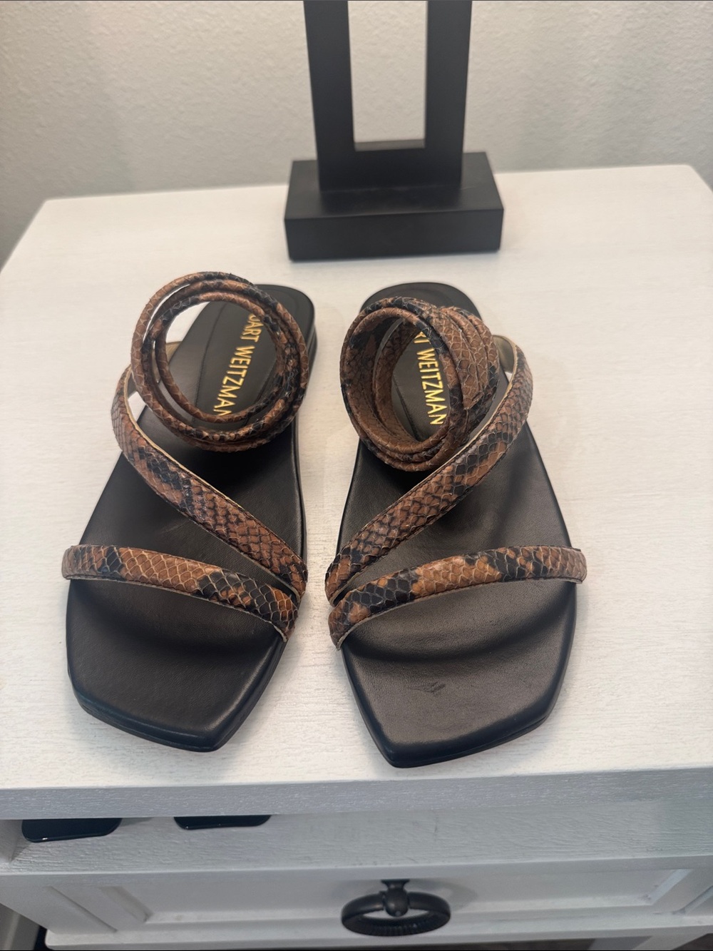 Stuart Weitzman Brown Snake-Print Wraparound Sandals with Black Footbed